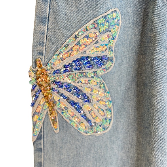 Fashion Nova Light Denim Sequin Butterfly jeans with jeweled bottom Size Large - Picture 4 of 12